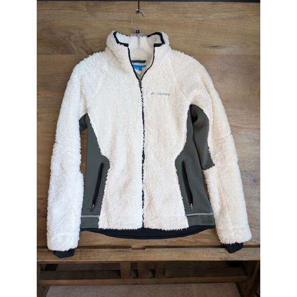 Columbia Jacket Womens Small White Gray Soft Fuzzy Fleece Long Sleeve Full Zip - Picture 1 of 4